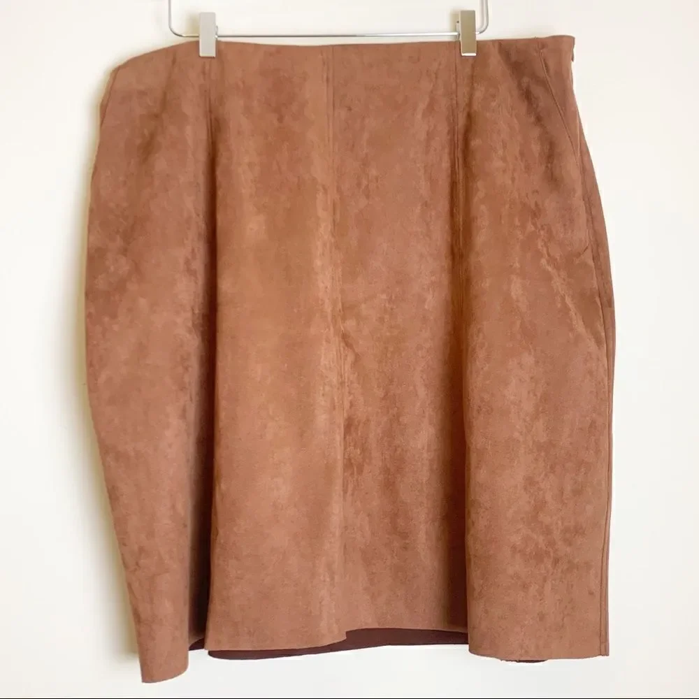 Ulla Popken Faux Suede Seam Detail Stretch Skirt, Gold Brown 20/22